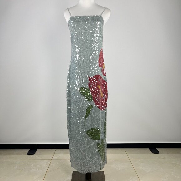 $450 NWOT Farm Rio Blue Sequins Anthurium Flowers Slip Maxi Dress Size S - Picture 6 of 16